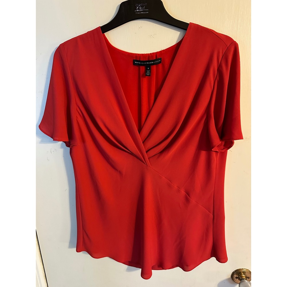 White House Black Market Red Surplice Faux Wrap‎ Flutter Sleeve Blouse Size 8
